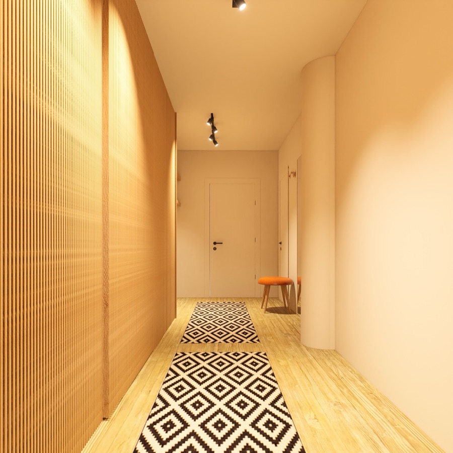 Design visualisation by Studio 14 of the Hyde Park hallway, with a floor-to-ceiling slatted sliding wardrobe running the length of the corridor